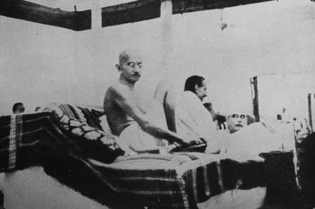 Gandhiji at the historic Quit India session of the All India Congress Committee  (AICC) on 8th August, 1942.jpg